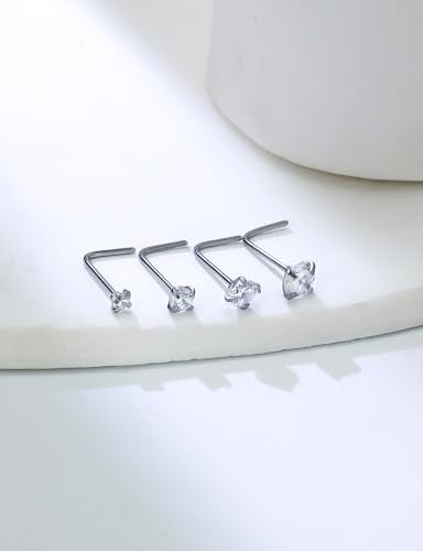 18G 20G 22G Round Cubic Zirconia Nose Rings Studs for Women Men 316L Stainless Surgical Steel Nose Ring Stud Piercing Jewelry Silver Gold Clear CZ 1.5mm 2mm 2.5mm 3mm - style: 24G (Thin) L Shaped Silver