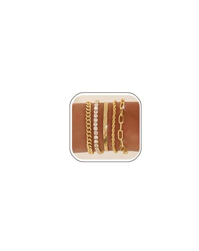 Gold Bracelets for Women 14K Gold Plated Stack Trend Bracelets Charm Paperclip Chain Cuban Link Layered Waterproof Bracelet Dainty Bracelet for Women Jewelry Gifts - color: 5Pcs Gold