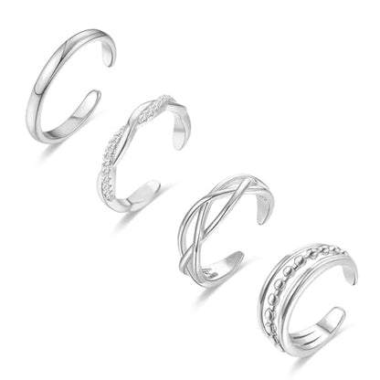 LOFITOR 4PCS Gold Toe Rings for Women Non Tarnish Waterproof Toe Ring Set | 14K Gold Filled Dainty Stackable Cute Thin Adjustable Open Band Toe Ring Cz Foot Jewelry For Beach Summer Hawaiian - style: Fashion Silver