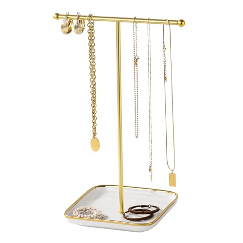 modern T-shaped jewelry rack, jewelry tower, gold metal, square ceramic base decoration display tower, necklace, bracelet, ring storage rack (1-layer ceramic disc) - style: 1-layer ceramic disc