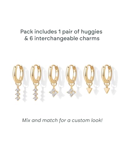 PAVOI 14K Gold Plated Huggie Earring Charms for Women - Mix and Match Huggie Hoop Earrings with Charms Pack - Dangle Dainty Motif Set with Cubic Zirconia, Heart, Cross, Pearl & Evil Eye Jewelry - Valentines Day Trendy Jewelry - style: Flower