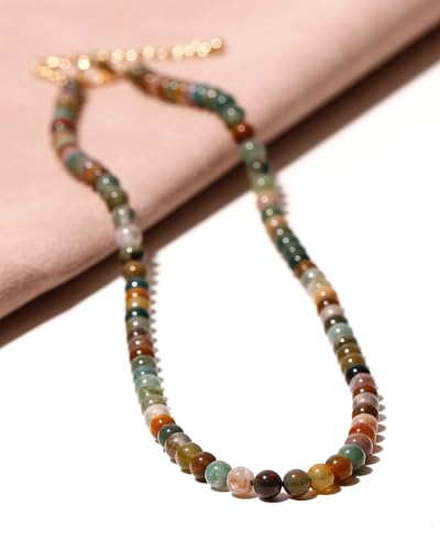 Simple 4mm Gemstones and Crystals Choker Necklace Unisex 16"-18" | Necklaces for Women Men, Adjustable, 40-45 cm Chain Length, Handmade, Spiritual Gemstones, Positive Energy, Daily Wear - style: Indian Agate