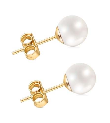 Pearl Earrings for Women, Hypoallergenic 925 Silver Post Studs | Shell Pearl Stud Earrings, Nickel-Free, 18K Yellow-Gold Plated Sterling Silver for Birthday Anniversary Wedding Daily Wear - color: Gold, size: 6mm