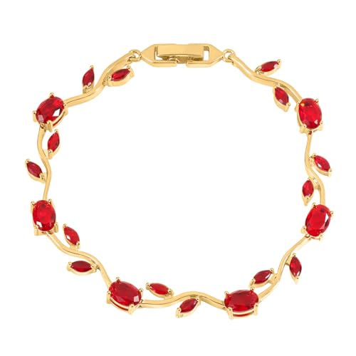 Tulip Flower Bracelet for Women 14K Gold Plated Stainless Steel with Colorful Cubic Zircon Dainty Cute Pink Rose Floral Jewelry Gift for Her Crystal Flower Leaf Bracelets -7.5inch/190mm - color: Red Gold