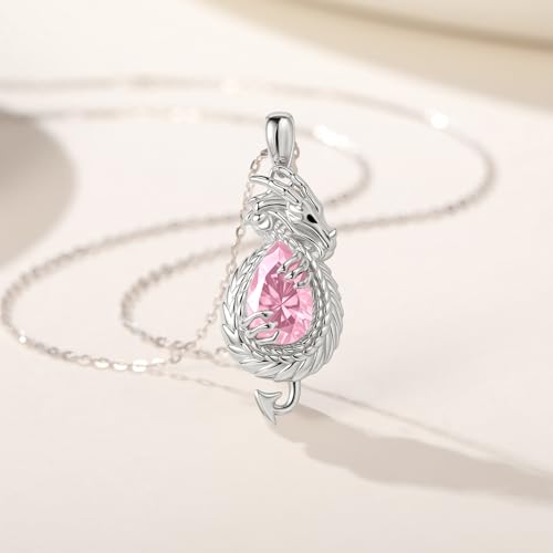 Dragon Necklace Sterling Silver Wyvern Pendant Jewelry with Teardrop Birthstone Gifs for Women - style: Dragon necklace-Pink stone