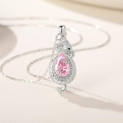 Dragon Necklace Sterling Silver Wyvern Pendant Jewelry with Teardrop Birthstone Gifs for Women - style: Dragon necklace-Pink stone