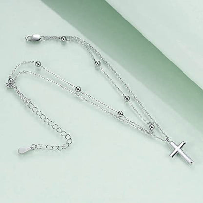 925 Sterling Silver Cat Butterfly Anklets Double Layered Chain for Birthday Women Ankle Bracelet Summer Beach Dainty Jewelry - style: B-Cross Anklet