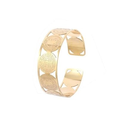 My Daily Styles Stainless Steel Cross St. Benedict Religious Christian Open End Cuff Bangle