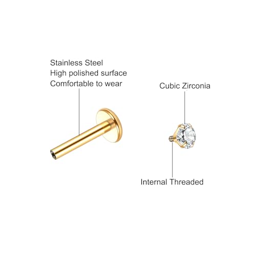 Xpircn Flat Back Stud Earrings 14K Gold Plated Internally Threaded CZ Stud Piercing Jewelry for Tragus Helix Cartilage Conch Nose Hypoallergenic Lip Labret Medusa Piercing 16G 18G - color: 16 Gauge, Gold, size: 8mm Bar