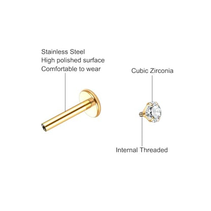 Xpircn Flat Back Stud Earrings 14K Gold Plated Internally Threaded CZ Stud Piercing Jewelry for Tragus Helix Cartilage Conch Nose Hypoallergenic Lip Labret Medusa Piercing 16G 18G - color: 16 Gauge, Gold, size: 8mm Bar