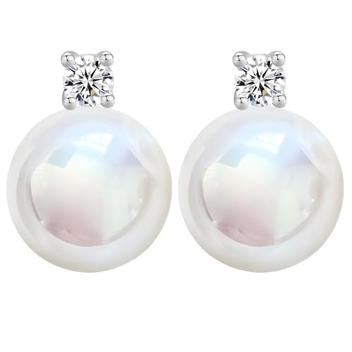 Faux Pearl Cubic Zirconia Stud Earrings, Hypoallergenic Lightweight Round Pearl Studs for Women - color: Pinkish White, size: Pearl 12mm-CZ 3mm