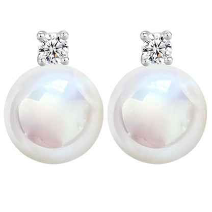 Faux Pearl Cubic Zirconia Stud Earrings, Hypoallergenic Lightweight Round Pearl Studs for Women - color: Pinkish White, size: Pearl 12mm-CZ 3mm