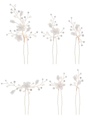 Rhinestone Pearl Hair Pins, 6 Pcs 3D Pinch White Flower Bridal Handmade Sparkling Fairy Bride Wedding Hair Pieces Leaf U Shaped Hair Accessories Headpiece Bridesmaids Women Girls Gold - color: Gold / Rhinestone White Flower