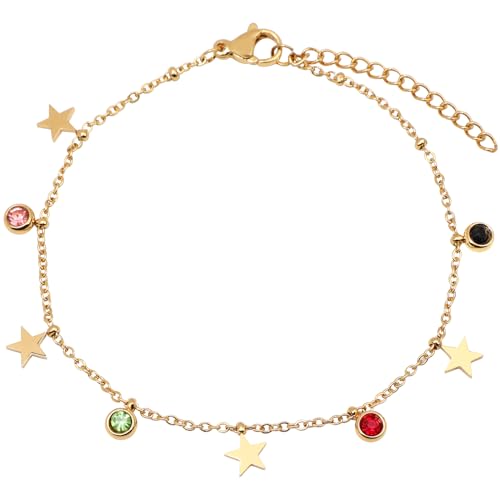 18K Gold Plated Stainless Steel Dainty Charms Colorful Crystal Birthstone Bracelet Minimalist Cute Jewelry for Women - color: 7mm Star