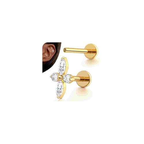 G23 Titanium 16G Tragus Conch Piercing Jewelry Flat Back Stud Earrings | Hypoallergenic CZ Nose Dangle Helix Medusa Lip Labret Body Piercing Jewelry, 14K Gold Plated, Silver, 6 and 8 mm Post Length - color: Floral Sparkle-14K Gold