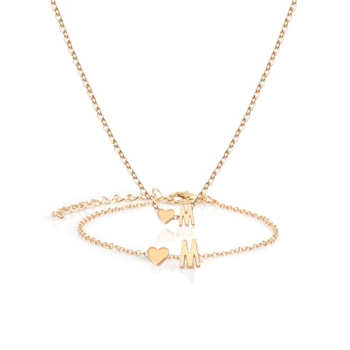 Gold Bracelets For Women Heart Initial Letter Pendant Necklace and Bracelet Set Personalized Jewelry Sets for Women Birthday Gifts for Mom Her Daughter Initial Necklace 14K Silver Plated - style: Gold-M