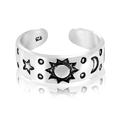 AeraVida .925 Sterling Silver Adjustable Toe Ring or Pinky Ring 5mm Wide Open Band, Stackable Minimalist Summer Foot Jewelry | Sun Moon Star Turtle Butterfly Leaf Olive Branch Ocean Wave Yin Yang Design - style: Celestial Sky 2