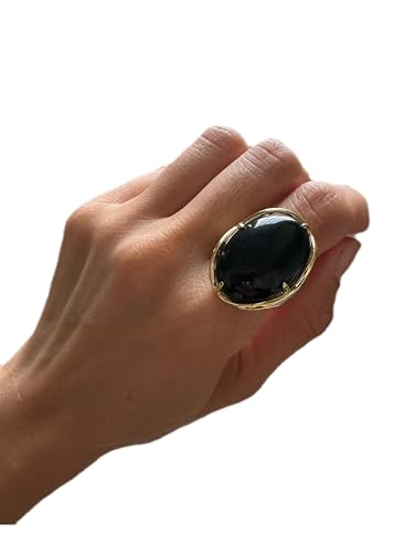 Natural Stone Adjustable Finger Rings Semi Precious Oval Shaped Gemstone Jewelry For Women Anniversary Birthday Wedding Gift - color: Black Agate