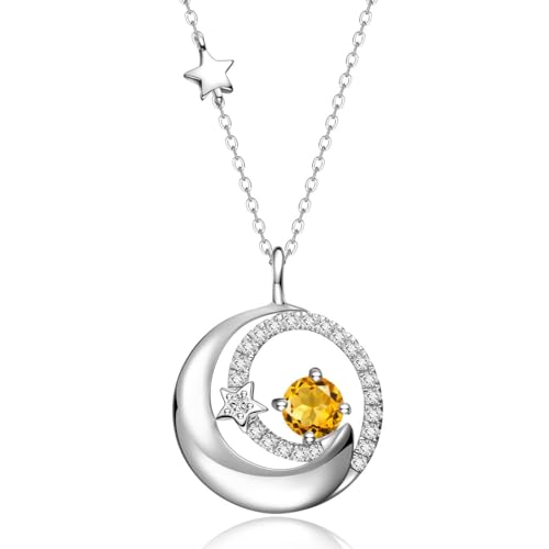 FANCIME Birthstone Necklaces 925 Sterling Silver Moon and Star Pendant Fine Jewelry Birthday Mothers Day Gifts for Mom Wife Her Daughter, Adjustable Chain 16+2" - color: Nov.- Citrine