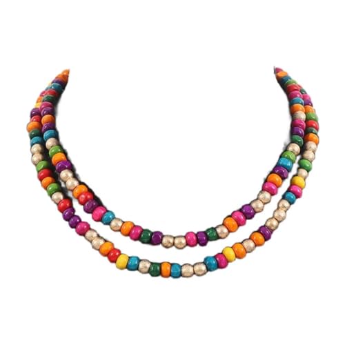 Boho Colorful Wood Beaded Choker Necklace Vintage Layered Wooden Beads Chain Necklace Collar for Women Statement Jewelry Gift - color: Multi