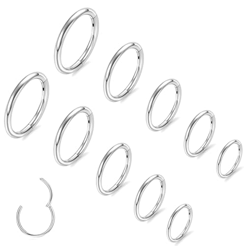 10Pcs Gold Nose Ring Hoop 18G/20G Clicker Nose Hoops Hypoallergenic Stainless Steel Nose Piercings Jewelry Gold Nose Jewelry Septum Helix Cartilage Lip Body Piercings for Women Men 7mm 8mm 9mm 10mm 12mm - color: Silver-20G