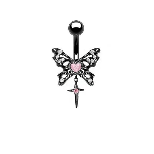 14G Black Butterfly Cross Dangle Belly Button Rings for Women 316L Surgical Steel Belly Curved Barbell Pink CZ Crystal Belly Navel Rings Navel Piercing Jewelry