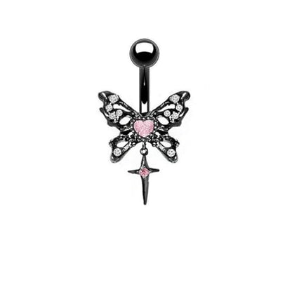 14G Black Butterfly Cross Dangle Belly Button Rings for Women 316L Surgical Steel Belly Curved Barbell Pink CZ Crystal Belly Navel Rings Navel Piercing Jewelry