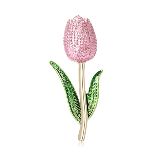 Rhinestone Tulip Flower Brooch Pin for Women Dainty Floral Lapel Pin Gold Plated Tulip Flowers Green Leaf Broochs Pins Trendy Wedding Party Jewelry Accessories - color: Pink