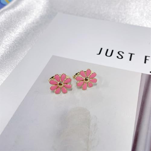 Cute Daisy Flower Ear Cuff Earring Cartilage Clip On Non Piercing Lovely Sweet 14K Gold Plated White/Pink Enamel Floral Fake Huggie Hoops Earrings for Women Hypoallergenic Fashion Trendy Jewelry Gifts 14*15mm - color: Pink
