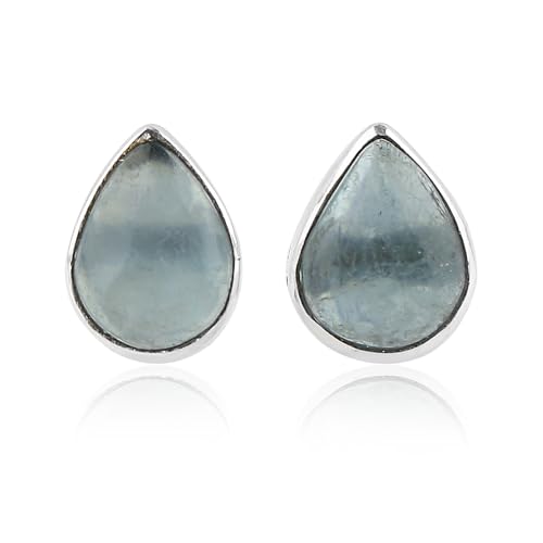 Aquamarine Birthstone Crystal Stud Earrings Pair for Women, Pear Cabochon, Healing Earrings Set, Women Jewelry, Dainty, Hypoallergenic Silver Plated (1 Pair) (8x6mm Stone)