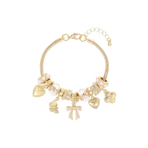 Charm Bracelet Gold Bracelets for Women Gifts | LOVE Heart Hollow Flower Bow Pink Green Square Gemstone Beaded Charm Bracelet Cute Adjustable Bracelet Jewelry - style: bow