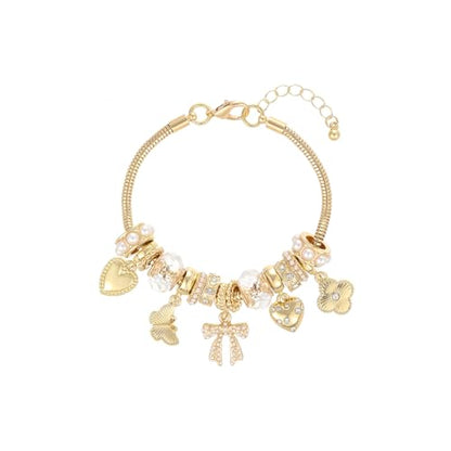 Charm Bracelet Gold Bracelets for Women Gifts | LOVE Heart Hollow Flower Bow Pink Green Square Gemstone Beaded Charm Bracelet Cute Adjustable Bracelet Jewelry - style: bow