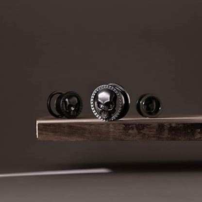 ERKUOO 2PCS Skull Ear Gauges Screw Ear Plugs Tunnels Ear Flesh Tunnels Piercing Earrings Hangers Expander Stretchers 0g-1"(8mm-25mm) - color: #3 Black, size: 1"=25mm