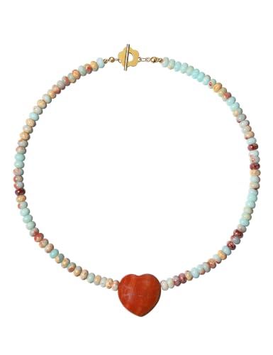 Beaded Necklaces for Women,Natural Stone Necklace, Bead Choker with Heart Pendant, Handmade Surfer Beach Necklace Trendy Stone Jewelry Gifts