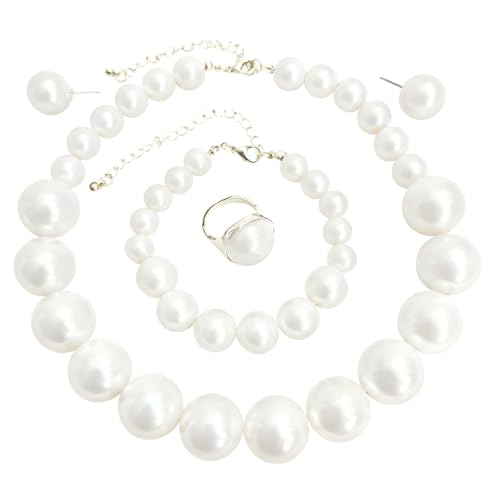 White Faux Pearl Necklace and Earrings Set Big Large Pearl Bead Ball Beaded Choker Necklace Black Pink Pearls Statement Bracelet Ring for Women - color: white