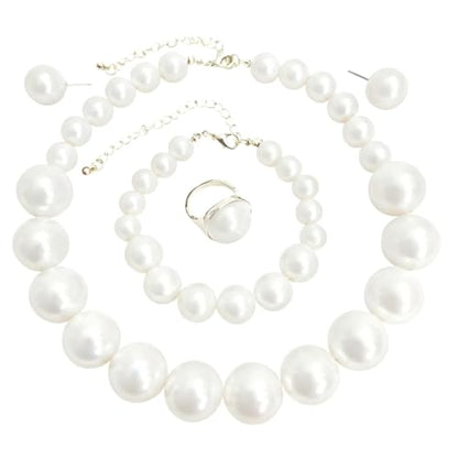 White Faux Pearl Necklace and Earrings Set Big Large Pearl Bead Ball Beaded Choker Necklace Black Pink Pearls Statement Bracelet Ring for Women - color: white