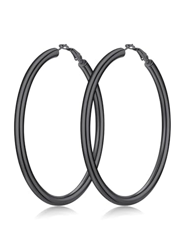FaithHeart Silver/Black/Gold Stainless Steel Chunky Hoop Earrings for Women | Hypoallergenic Lightweight Hoop Earrings, Trendy Statement Thick Hoop, 20/30/40/50/60/70/80mm - color: Black, size: 80mm