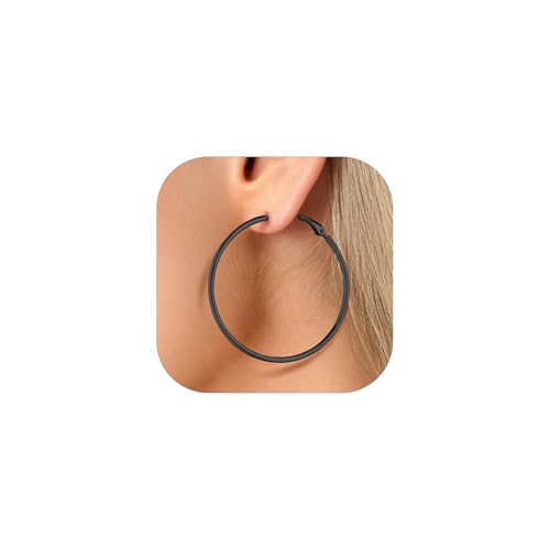 FaithHeart Silver/Black/Gold Stainless Steel Thin Hoop Earrings for Women | 2mm Wide Thin Large Hoop Earrings, Hypoallergenic Lightweight Trendy Jewelry, 20/30/40/50/60/70/80/90/100mm - color: Black, size: 50mm/1.97"