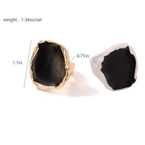 Statement Big Chunky Gold Black Two-tone Enamel Drip Ring Earrings Set for Women, Retro Large CZ Crystal Cocktail Rings Earring Geometric Jewelry Gift - color: Gold Silver-2Pcs