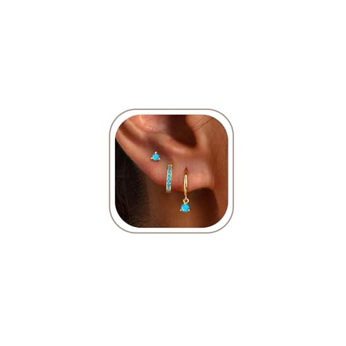 Freekiss 3 Pairs Hoop Earrings Set - Dainty Stud Dangle Cartilage for Women | Hypoallergenic Earrings, Cubic Zirconia Stackable Trendy Small Set Jewelry Gifts for Women - style: Turquoise Style-GD