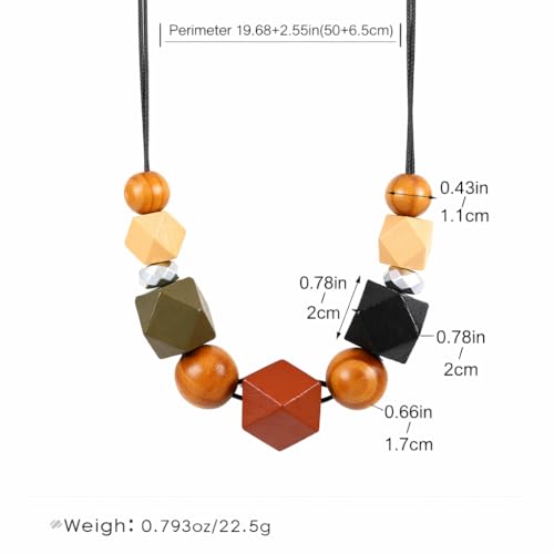 Boho Wooden Beaded Statement Necklace for Women, Geometric Chunky Wood Pendant Necklace, Tribal Ethnic Natural Fashion Jewelry for Vacation