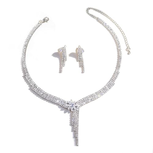 Women's Fashion Jewelry Rhinestone Zircon Necklace and Earring Set Formal Ball Gown Accessories Silver Floral Pendant Bridal Wedding Jewelry Suitable for Weddings, Balls, Banquets, and All Special Occasions - style: GST006