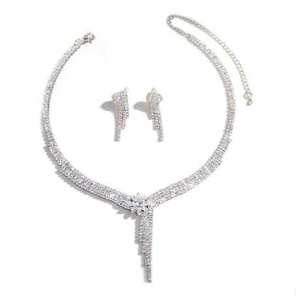 Women's Fashion Jewelry Rhinestone Zircon Necklace and Earring Set Formal Ball Gown Accessories Silver Floral Pendant Bridal Wedding Jewelry Suitable for Weddings, Balls, Banquets, and All Special Occasions - style: GST006