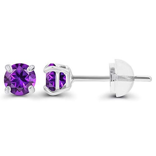 Solid 14K Gold 3mm Round Prong Set Hypoallergenic Genuine Petite Birthstone Stud Earrings - color: Amethyst