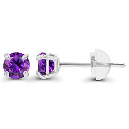 Solid 14K Gold 3mm Round Prong Set Hypoallergenic Genuine Petite Birthstone Stud Earrings - color: Amethyst