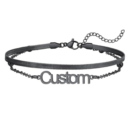 U7 Custom Layered Ankle Bracelets for Women Stainless Steel Bead/Cuban/Figaro/Rope/Wheat Chain Anklet Waterproof Anklet Jewelry for Beach Vacation - color: c-Black-Herringbone Chain