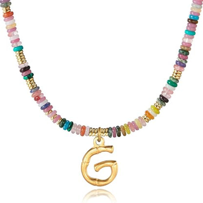 YOUFENG Initial Letter Necklaces for Women Colorful Beaded Gemstone Choker 14K Gold Plated Bamboo Letter Pendant Necklace Natural Stone Handmade Jewelry Gift - color: G