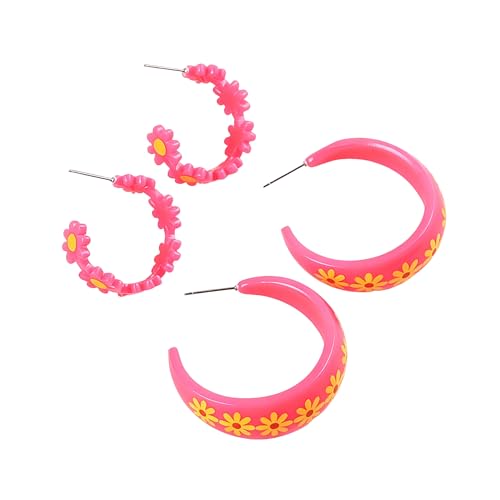 2Pairs Y2k Round Chunky Hoop Earrings Set Matte Acrylic Daisy Large Retro Neon Circle Earring 80s 90s Halloween Multicolor Loops for Women Summer Party Jewelry 80s Outfit Accessorie - color: Rose Pink