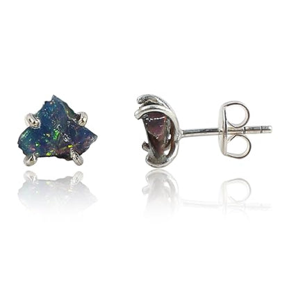 A++ Natural Black Opal Studs Earring Pair for Women, Gemstone Crystal, Push Backs, Birthstone, Raw Stone, Gift Jewelry, Silver Plated Brass
