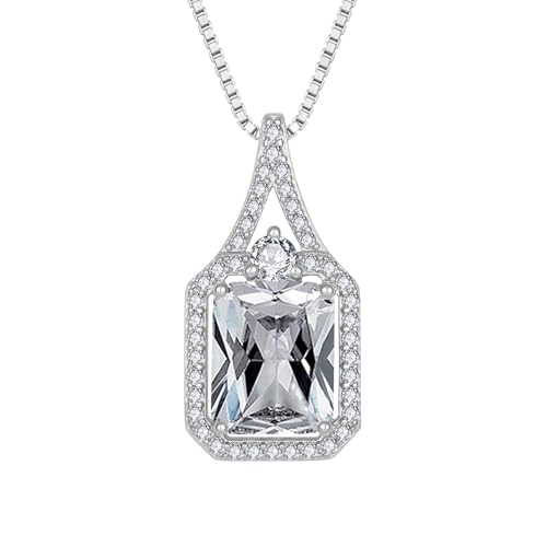 Created Gemstone Necklace 925 Sterling Silver Halo Rectangular Pendant Birthstone Necklaces Jewelry Gifts for Women - color: 04 April - Cubic Zirconia